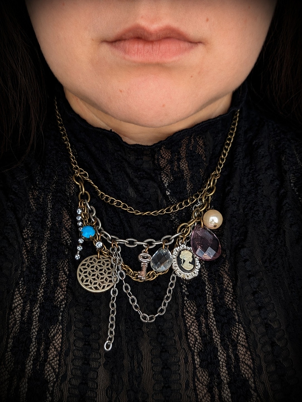 Avon Vintage Mixed Metal Charm Statement Necklace